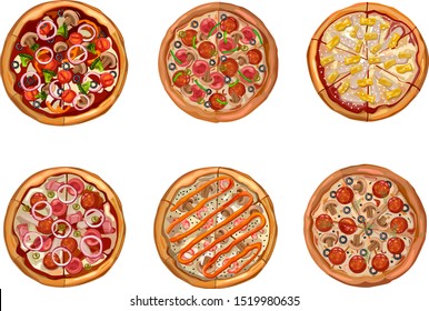 set of different delicious pizzas