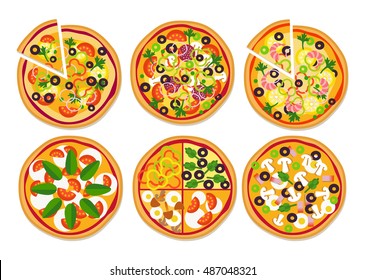 Set of different  delicious pizzas isolated on white. Vector