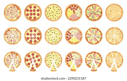 Set of different delicious pizzas on white background, top view