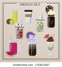 Set of different delicious vector drinks cocktails, coffee, smoothies, tea, milkshake, lemonade, ice coffee. Flat illustration of insulated glasses, glasses, mugs and plastic cups for cold and hot