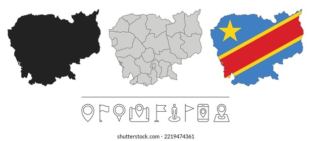 Set Of Different Democratic Republic Of The Congo Maps With National Flag. Navigation Line Icons. Vector Illustration.