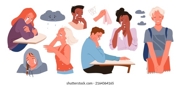 Set of different depressed crying people. Stressful and painful life moments, frustrated teenagers, loneliness and anxiety problems, emotional and mental tension vector illustration