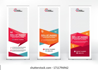 Conjunto de diferentes opciones de diseño para la puesta en marcha de banners publicitarios, diseño moderno para presentaciones, portadas, exhibiciones, banner portátil para publicidad callejera, banner para conferencias y seminarios