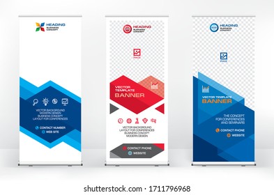 Conjunto de diferentes opciones de diseño para la puesta en marcha de banners publicitarios, diseño moderno para presentaciones, portadas, exhibiciones, banner portátil para publicidad callejera, banner para conferencias y seminarios