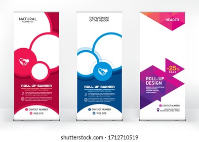 Conjunto de diferentes opciones de diseño para la puesta en marcha de banners publicitarios, diseño geométrico moderno para presentaciones, portadas, exhibiciones, banner portátil para publicidad callejera, banner para conferencias y seminarios