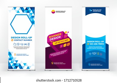 Set of different design options for advertising banners roll-up, modern geometric design for presentations, covers, exhibitions, portable banner for street advertising, banner for conferences and seminars