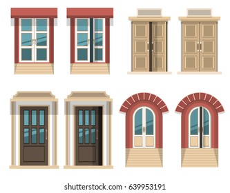 Set of different designed doors with opened and closed sections isolated on white. Vector illustration.