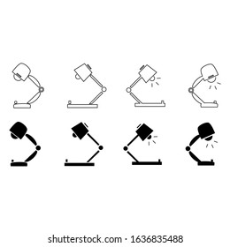 Set of different designs of desk lamps. Vector black and white illustration. Flat silhouette icon.