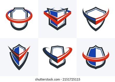 Set of different designs of shields for branding, ammo protection symbols collection, antivirus or sport theme, insurance or guarantee.