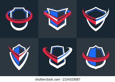 Set of different designs of shields for branding, ammo protection symbols collection, antivirus or sport theme, insurance or guarantee.