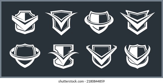Conjunto de diferentes diseños de escudos para marca, colección de símbolos de protección de municiones, tema de antivirus o deporte, seguro o garantía.