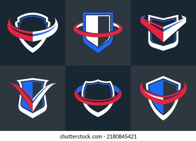 Set of different designs of shields for branding, ammo protection symbols collection, antivirus or sport theme, insurance or guarantee.