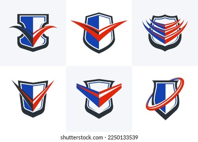 Set of different designs of shields for branding, ammo protection symbols collection, antivirus or sport theme, insurance or guarantee.