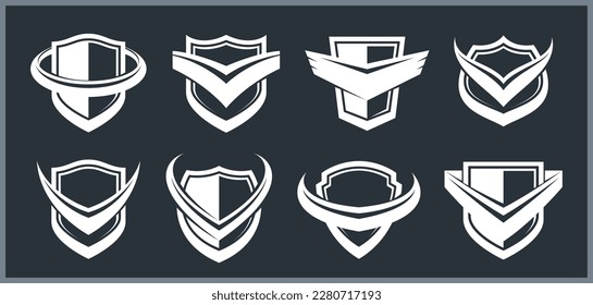 Conjunto de diferentes diseños de escudos para marca, colección de símbolos de protección de municiones, tema de antivirus o deporte, seguro o garantía.