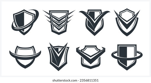 Set of different designs of shields for branding, ammo protection symbols collection, antivirus or sport theme, insurance or guarantee.