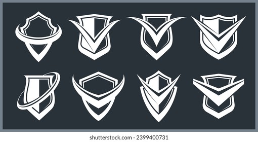 Set of different designs of shields for branding, ammo protection symbols collection, antivirus or sport theme, insurance or guarantee.