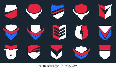Set of different designs of shields for branding, ammo protection symbols collection, antivirus or sport theme, insurance or guarantee.