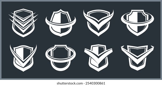 Set of different designs of shields for branding, ammo protection symbols collection, antivirus or sport theme, insurance or guarantee.