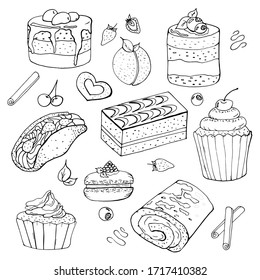 Set of different desserts. Cake, muffin, macaroon, pie, candy. Isolated on a white background. Vector illustration