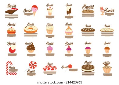 a set of different desserts and candies on a white background