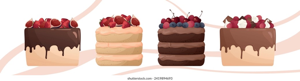 Set of different desserts with cream cheese, chocolate biscuits, strawberry, cherry, raspberry. Baking, cooking, sweet food, dessert, pastry for poster, banner, cover, card, postcard, menu.