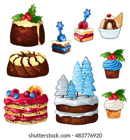 A set of different desserts design. Sweet pastries for the holiday. Sample of the poster, invitation and other cards. Vector illustration.