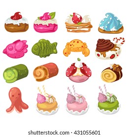 A set of different desserts design. Vector illustration.