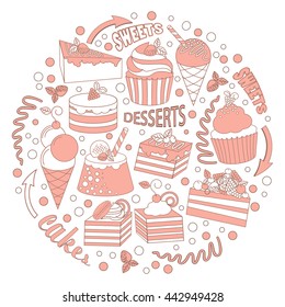 Set of different desserts end sweet decorative elements. Pink and brown colours. Illustration for bakery, cake manufactures, restaurants and cafes menu.