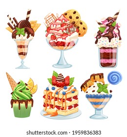 Set of different desserts with ice cream, cakes, cookies, waffles, berries, cream, jam, chocolate, caramel, mint, strawberry, orange slices, blueberry, candy on a stick, lollipop. Vector illustration.