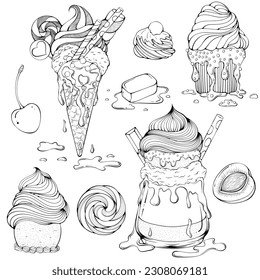 Set of different desserts with ice cream. Ice cream cone, milk shake cocktail, freakshakes dessert, ice cream scoop, cupcake. Vector illustrations in hand drawn sketch doodle style. Line art isolated