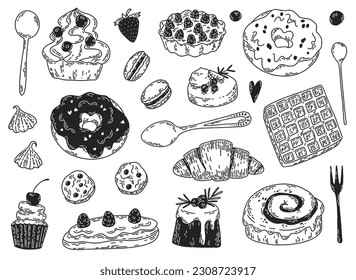 Set of different desserts and spoons. Cute vector hand-drawn black and white illustration. Cupcakes, donuts, macaroons, cookies