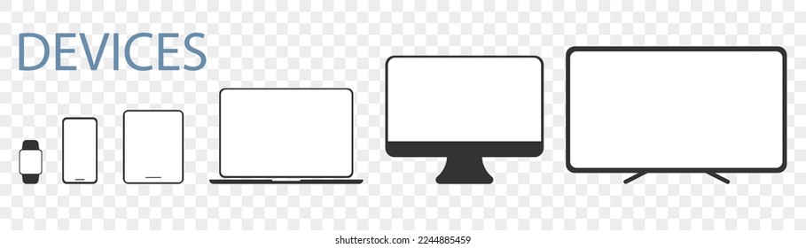Set of different devices icon with blank screen. Electronic icons collection. Vector illustration