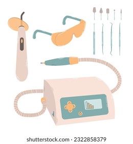 Set of different devices, instruments, protective glasses for nail treatments. Design products for podology and pedicure in colorful flat vector illustration.