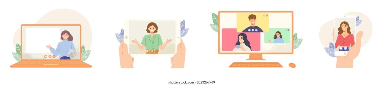 Set of different devices screen with people online video call or conference. Concept of quarantine, online communication, discussion, e-learning, internet. Flat vector illustration character.