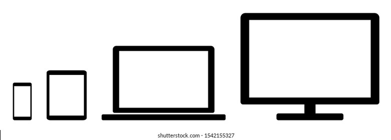 Set of different devices and screens of different sizes. Flat vector illustration of phone, tablet, notebook and monitor or TV.