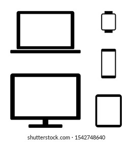 Set of different devices and screens of different sizes. Flat vector illustration of smartwatch, phone, tablet, notebook and monitor or TV.