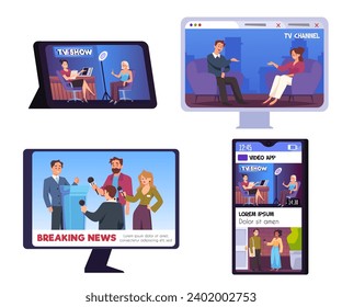 Set of different devices for watching journalist interview video flat style, vector illustration isolated on white background. Decorative design elements collection, media and communication