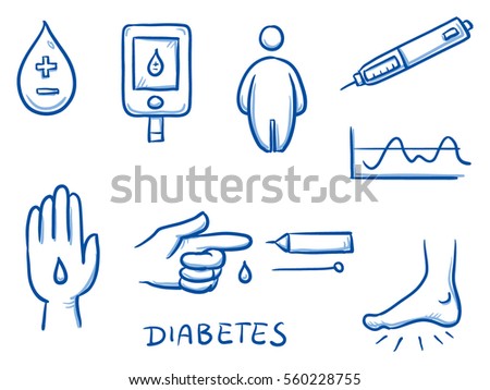 Set of different diabetes and blood sugar measurement icons, for medical info graphics. Hand drawn line art cartoon vector illustration.