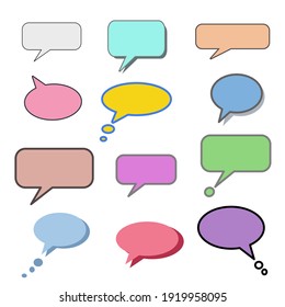 Set different dialog box, frame, speech balloon bubble colorful red violet yellow blue color in line frame on grey background Empty blank comment Talk chat speak message Vector illustration art design
