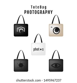 Set of different digital camera logo designs, template, icon, mockup tote bag, isolated on white background. photography logo. vector illustration