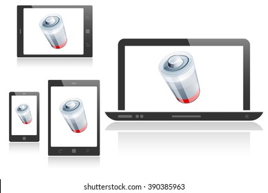 Set of different digital devices with empty battery symbol - isolated on white background. Vector illustration.