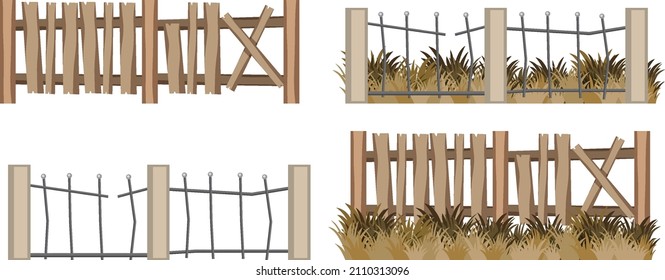 Set of different dilapidated fences illustration