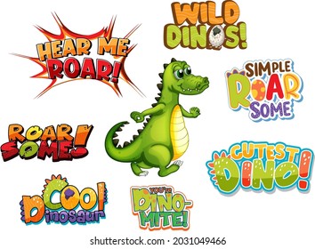 Set of different dino word typography design with cute dragon cartoon character illustration