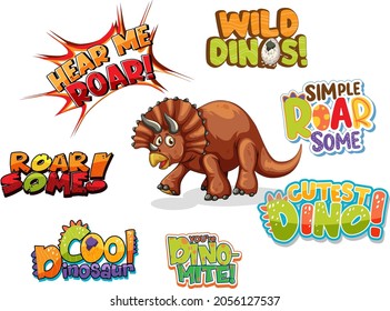 Set of different dino word typography design with a cute triceratop cartoon character illustration