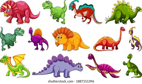 Set of different dinosaur cartoon character isolated on white background illustration