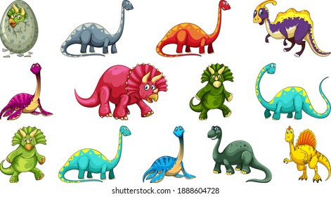 Set of different dinosaur cartoon character isolated on white background illustration