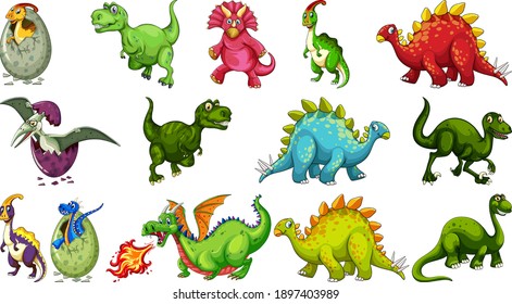 Set verschiedener Dinosaurier-Cartoon-Zeichen einzeln auf weißem Hintergrund grafik