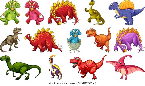 Set of different dinosaur cartoon character isolated on white background illustration