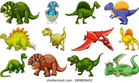 Set of different dinosaur cartoon character isolated on white background illustration