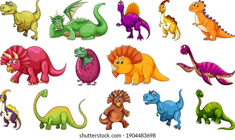 Set of different dinosaur cartoon character isolated on white background illustration